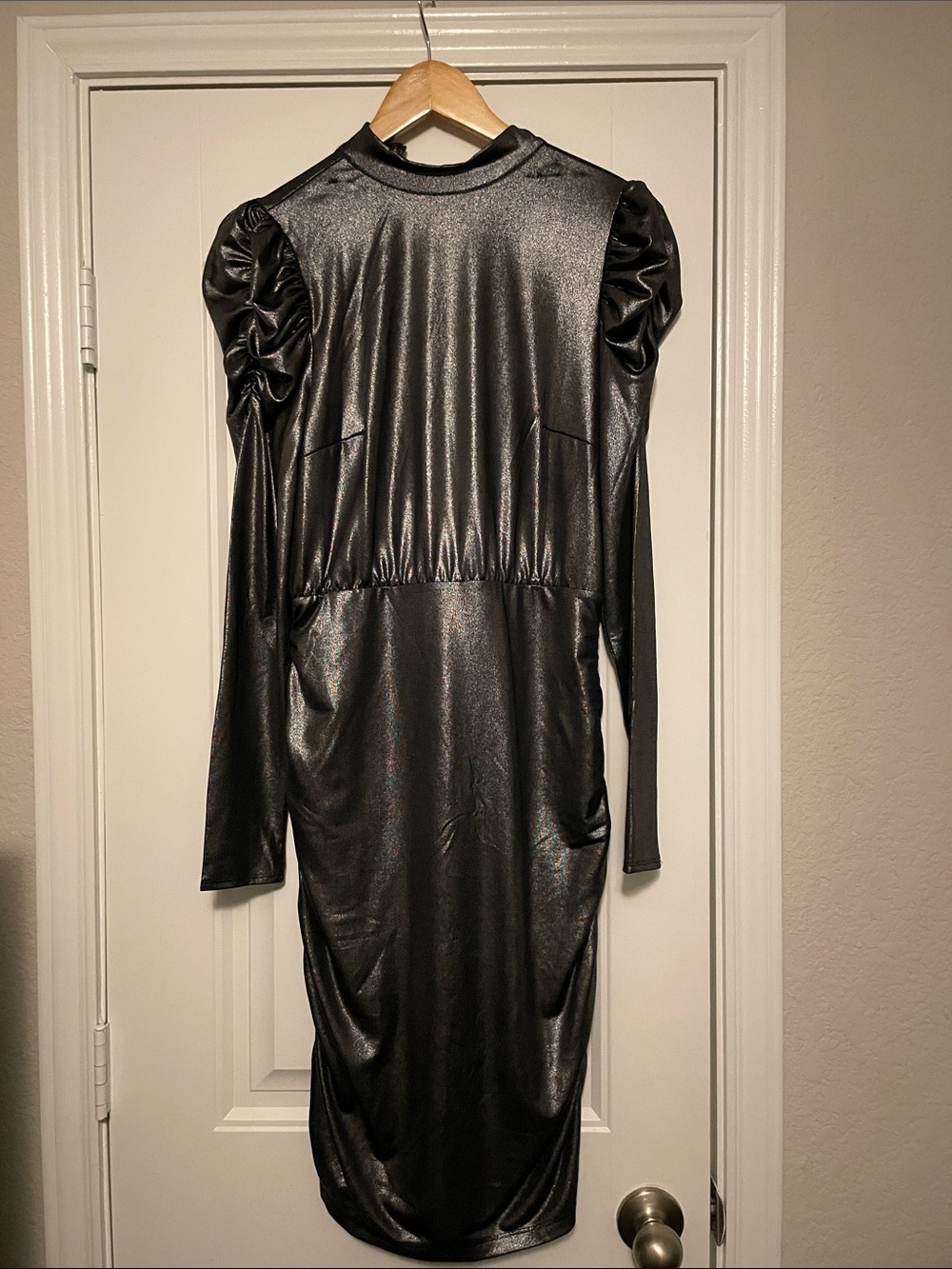 Bar III Shiny Black Silver  Long-Sleeve Ruched Shoulder Midi Dress